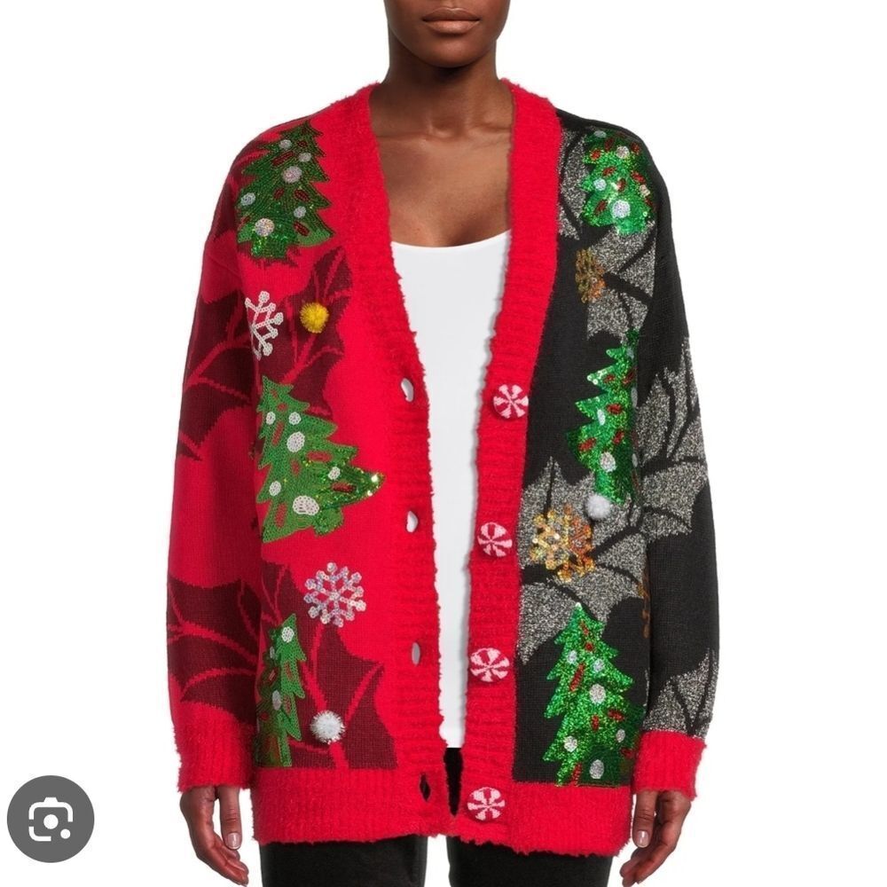 Holiday Time Festive Christmas Tree Cardigan Sweater - Red and Black, Large